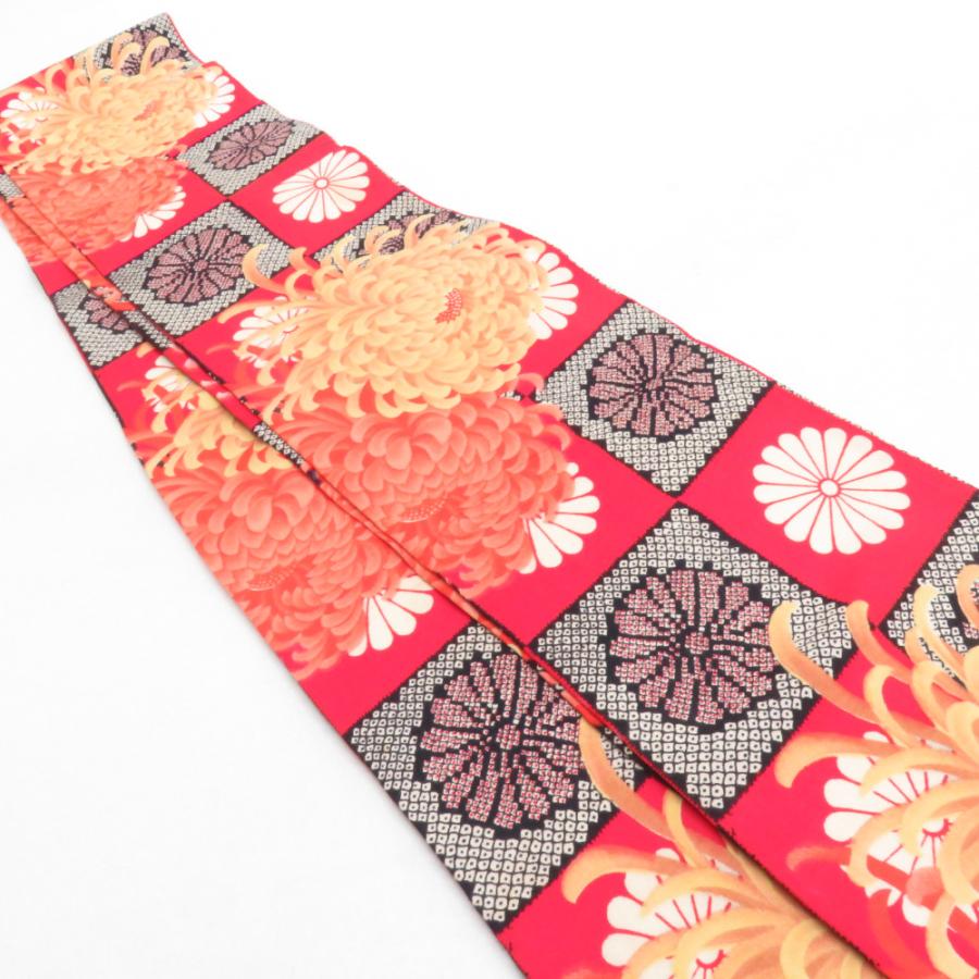 半幅帯 ウールモス 市松に菊柄 朱色 レトロ 半巾帯 着物帯 長さ352cm |  | 01