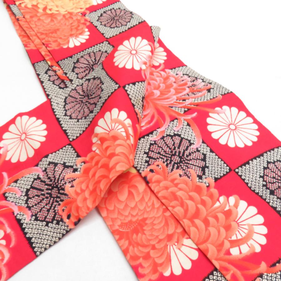 半幅帯 ウールモス 市松に菊柄 朱色 レトロ 半巾帯 着物帯 長さ352cm |  | 02