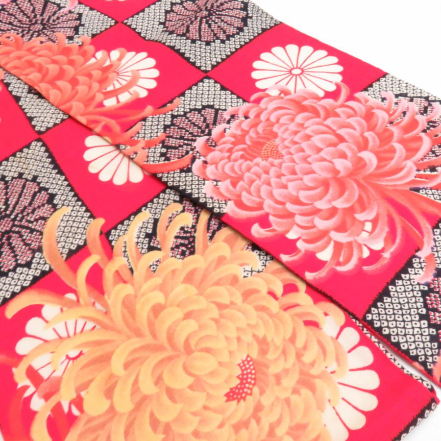 半幅帯 ウールモス 市松に菊柄 朱色 レトロ 半巾帯 着物帯 長さ352cm |  | 03