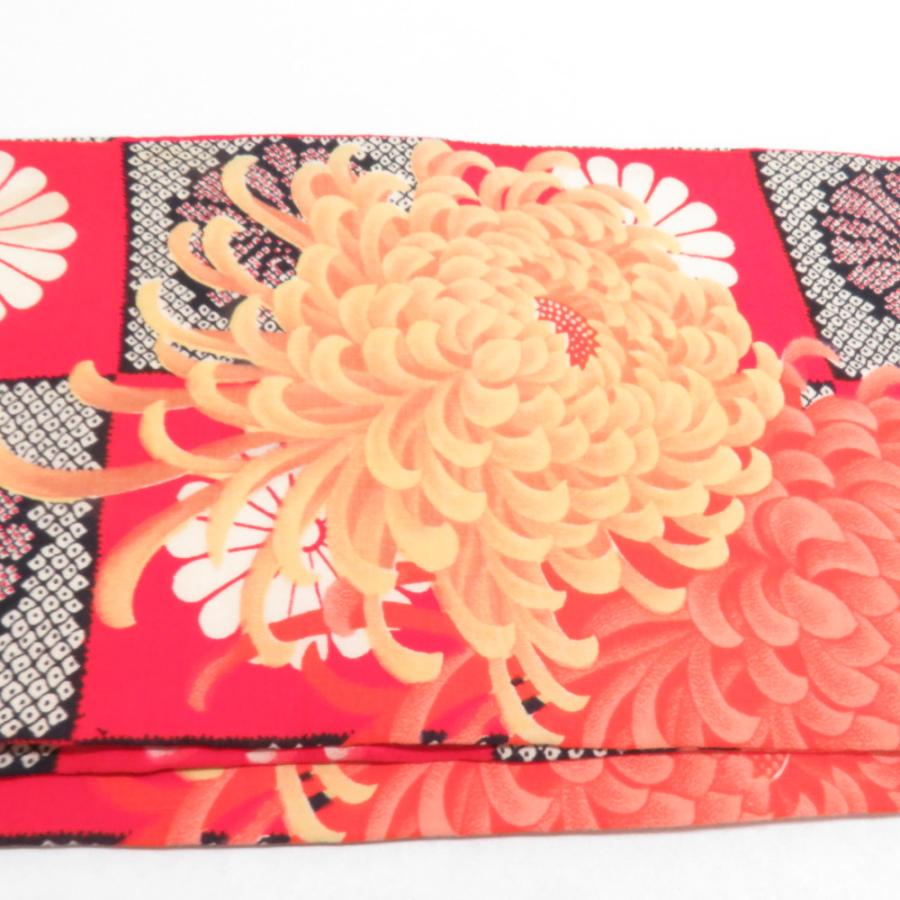 半幅帯 ウールモス 市松に菊柄 朱色 レトロ 半巾帯 着物帯 長さ352cm |  | 04