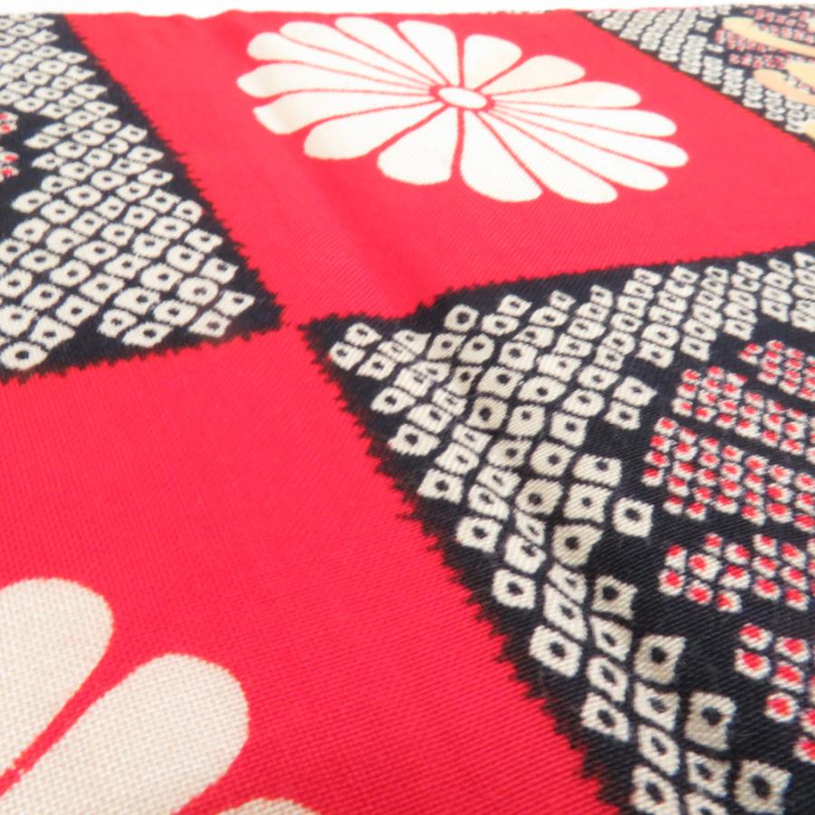 半幅帯 ウールモス 市松に菊柄 朱色 レトロ 半巾帯 着物帯 長さ352cm |  | 05