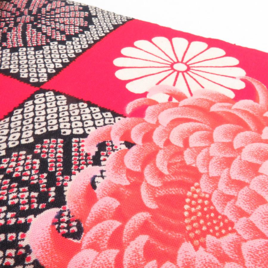 半幅帯 ウールモス 市松に菊柄 朱色 レトロ 半巾帯 着物帯 長さ352cm |  | 07