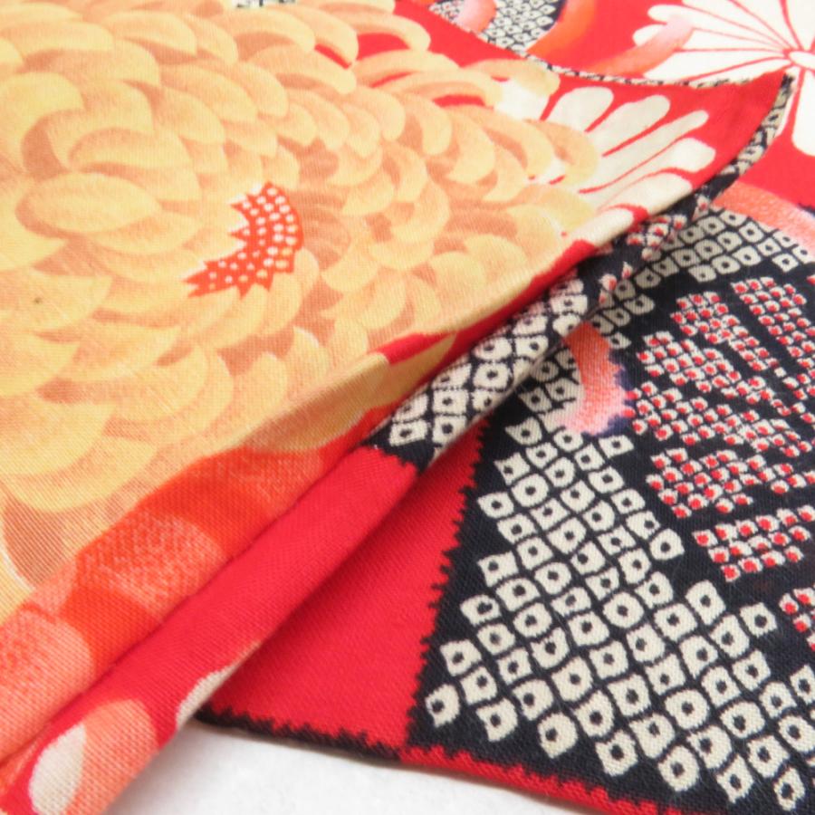 半幅帯 ウールモス 市松に菊柄 朱色 レトロ 半巾帯 着物帯 長さ352cm |  | 09