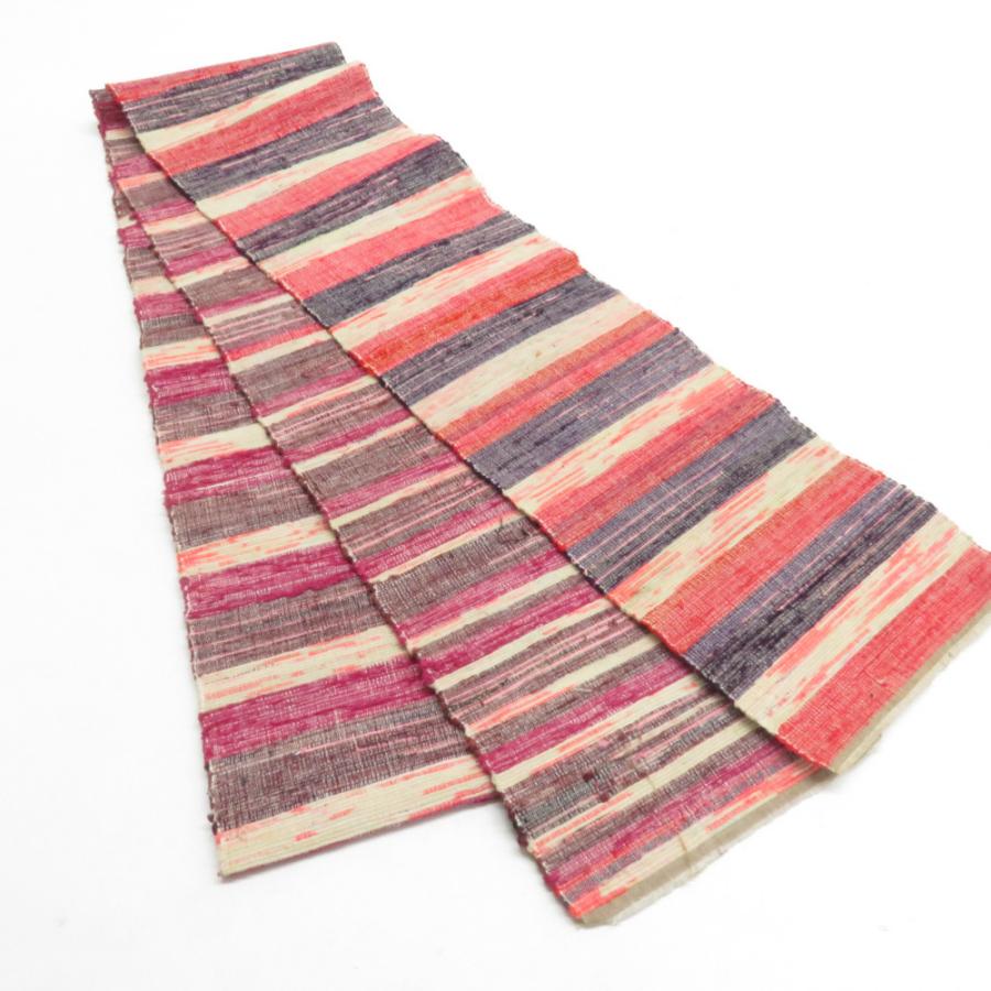 半幅帯 単衣帯 紬 裂き織り 正絹 全通柄 黄色 紫色 多色 半巾帯 着物帯 長さ260cm | 