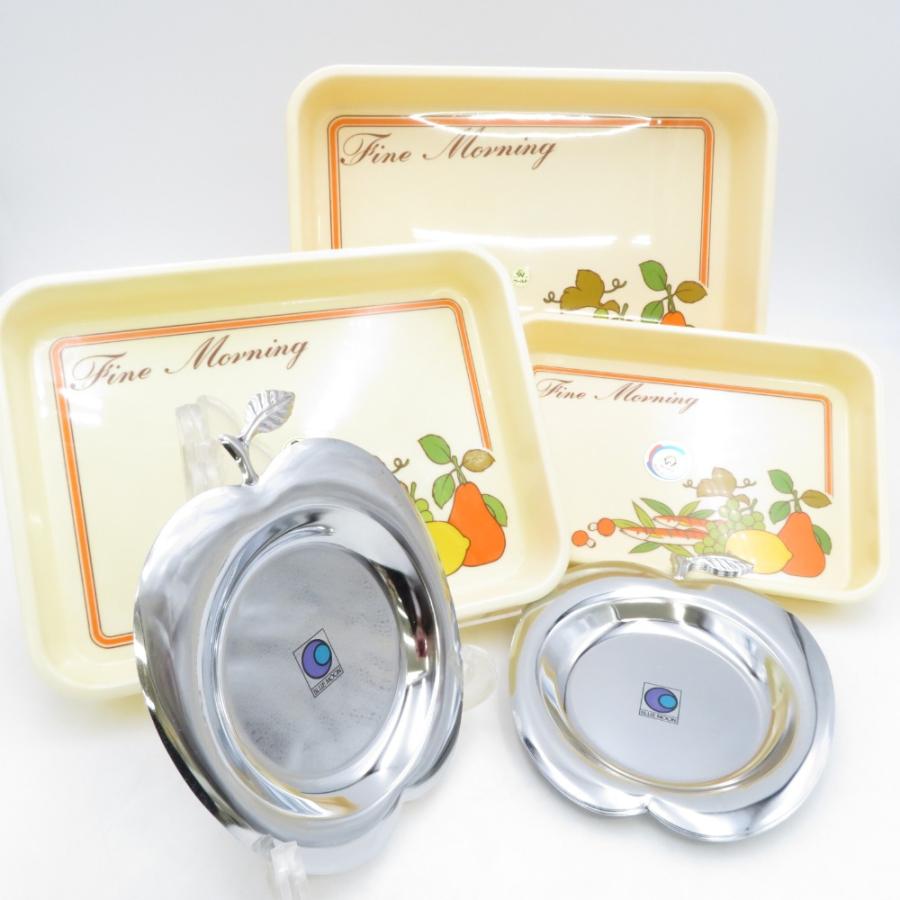 食器 昭和レトロ ワールド印 トレイ お盆 フルーツ柄×3 ブルー ムーン りんご型 小物入れ シルバー プレート×5 | 