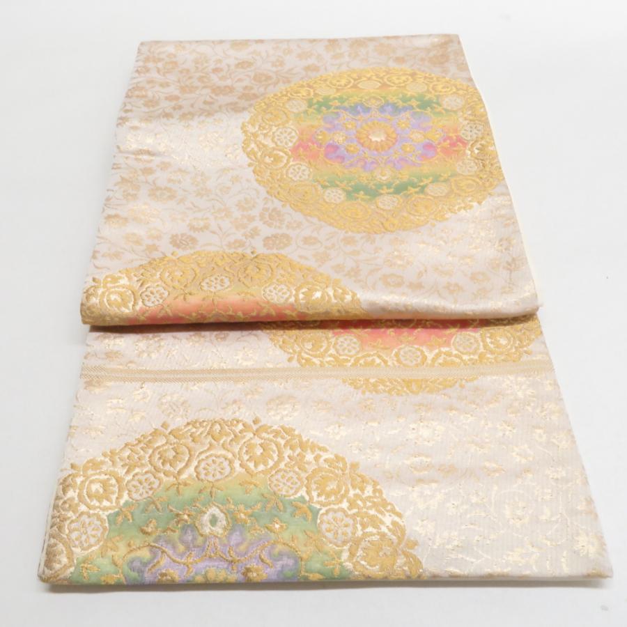 袋帯 花唐草丸文 ベージュ色 金糸 ポリエステル 六通柄 仕立て上がり 着物帯 長さ400cm | 