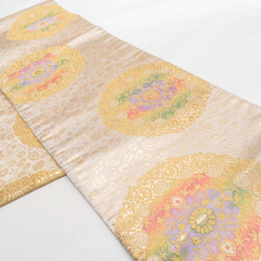 袋帯 花唐草丸文 ベージュ色 金糸 ポリエステル 六通柄 仕立て上がり 着物帯 長さ400cm |  | 01