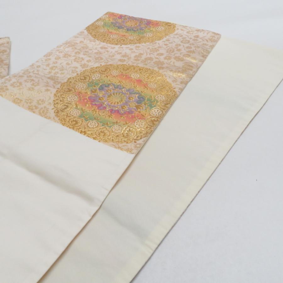 袋帯 花唐草丸文 ベージュ色 金糸 ポリエステル 六通柄 仕立て上がり 着物帯 長さ400cm |  | 03