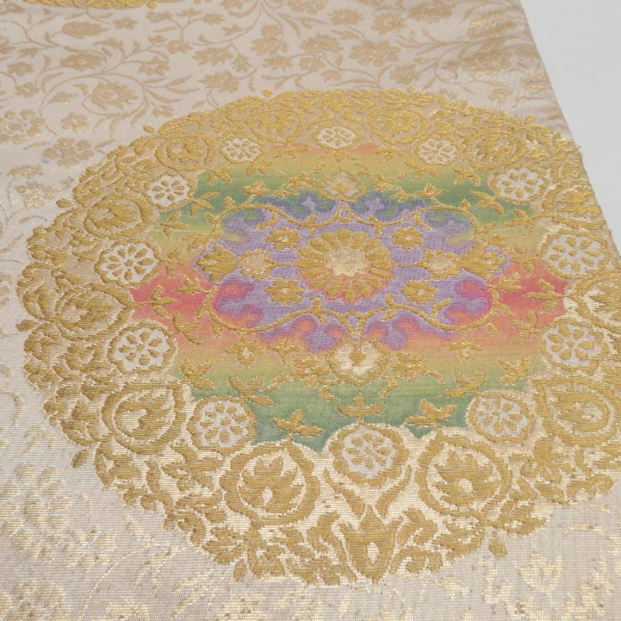 袋帯 花唐草丸文 ベージュ色 金糸 ポリエステル 六通柄 仕立て上がり 着物帯 長さ400cm |  | 04