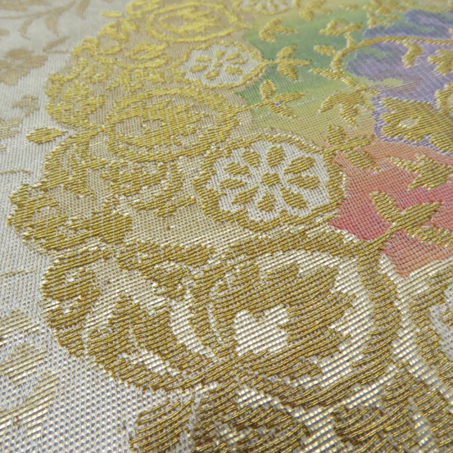 袋帯 花唐草丸文 ベージュ色 金糸 ポリエステル 六通柄 仕立て上がり 着物帯 長さ400cm |  | 07