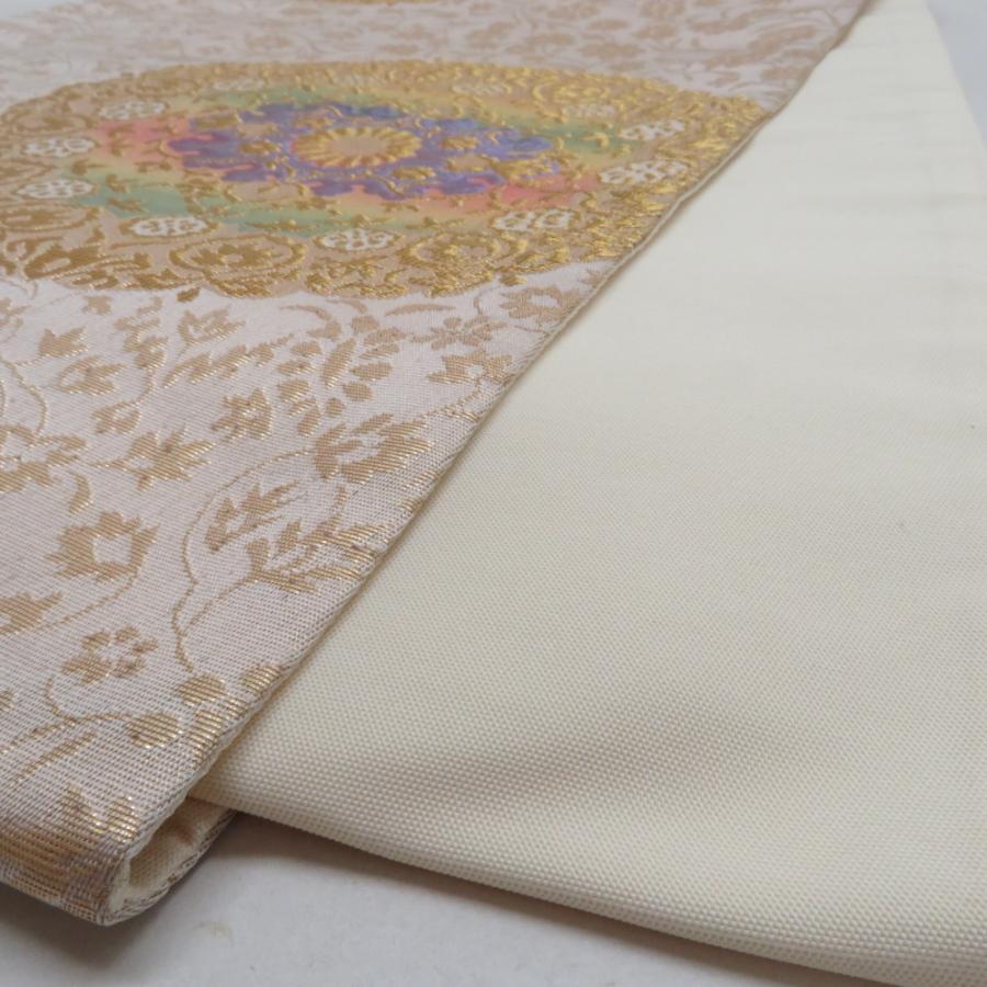 袋帯 花唐草丸文 ベージュ色 金糸 ポリエステル 六通柄 仕立て上がり 着物帯 長さ400cm |  | 08