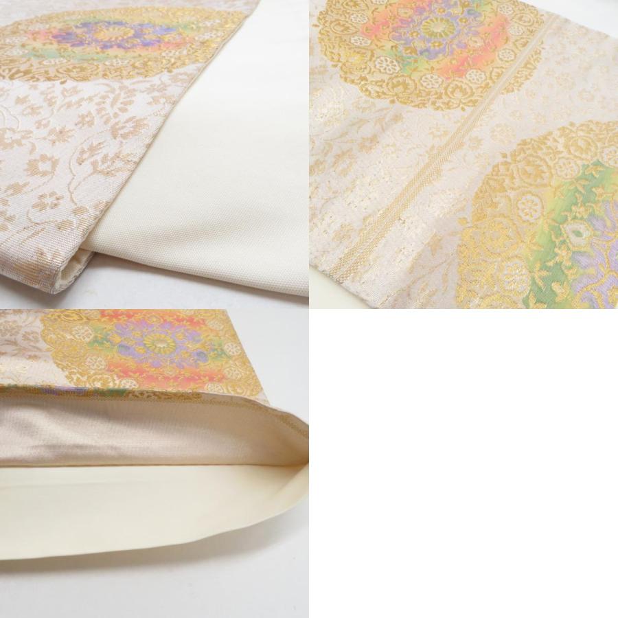 袋帯 花唐草丸文 ベージュ色 金糸 ポリエステル 六通柄 仕立て上がり 着物帯 長さ400cm |  | 09