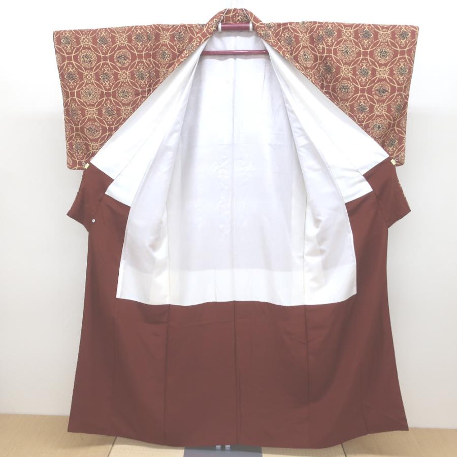 小紋 型染め 袷 広衿 七宝柄 花 竹 鳥 茶色 正絹 身丈 4尺1寸6分 約158cm リメイクにも