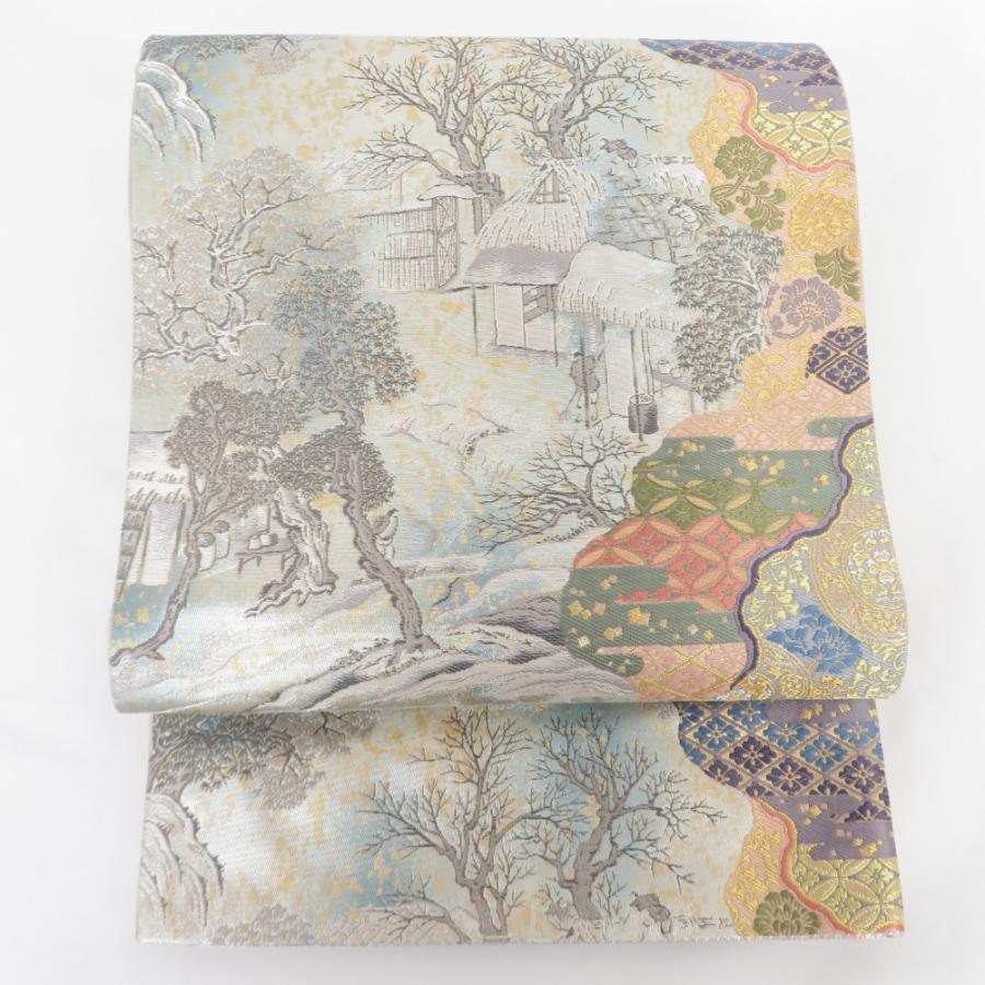 袋帯 四季山水図 与謝蕪村筆 グレー色 金糸 六通柄 正絹 フォーマル