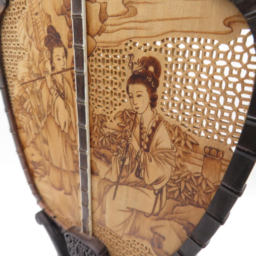 軍配団扇 中国 古玩 時代唐物 木製 人物風景画 箱入り 中国古美術 美品 