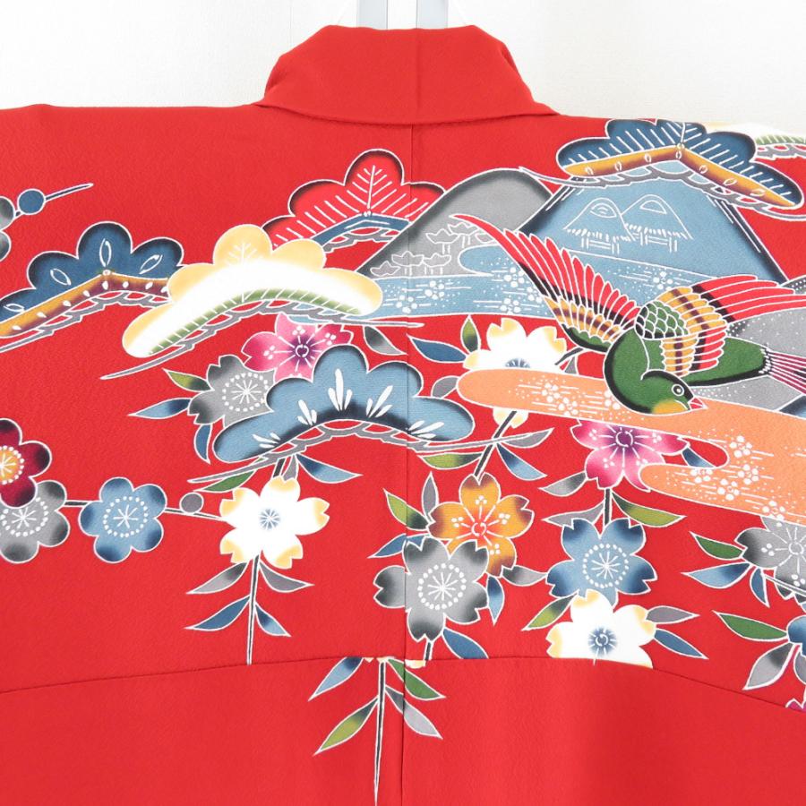振袖 紅型 風景模様 松竹梅 鳥に流水文様 正絹 袷 広衿 朱色x 振袖 紅型 風景模様 松竹梅 鳥に流水文様 正絹 袷 広衿 朱色x