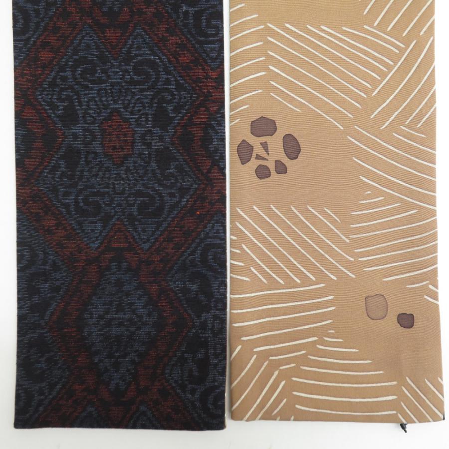半幅帯 リバーシブル半巾帯 正絹 巾:約15.3cm×長さ:約380cm 紬×小紋 紺色×茶色 菱型模様ｘ縞模様 細帯 小袋帯 オリジナル 仕立て上がり 長さ380cm 美品 【キモノオフ野々市若松店】 半幅帯 リバーシブル半巾帯 正絹 巾:約15.3cm×長さ:約380cm 紬×小紋