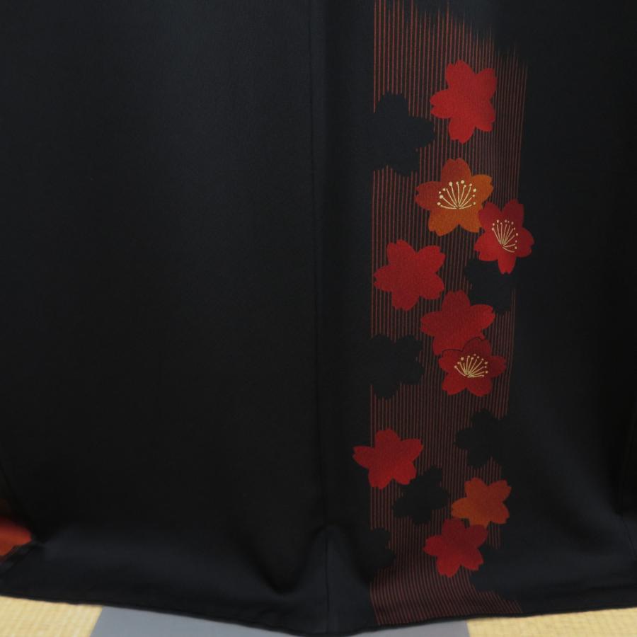 振袖 黒色x朱 桜模様 袷 広衿 箔入り 正絹 成人式 卒業式 フォーマル 