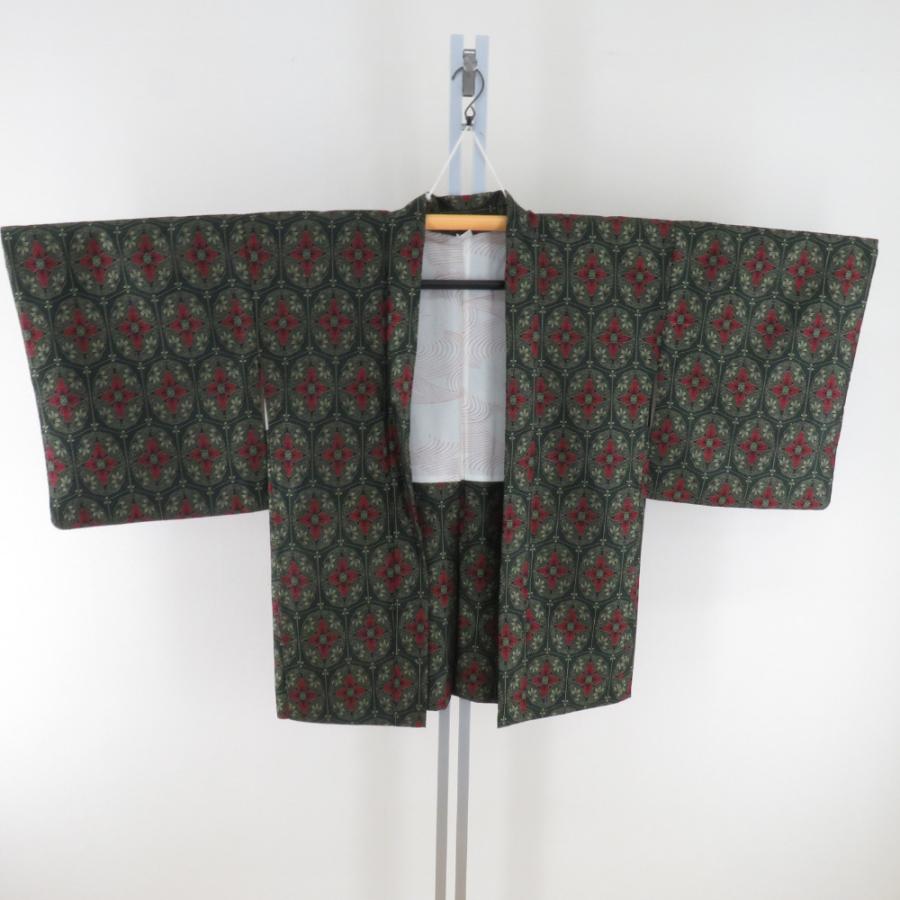 ウール着物 アンサンブル 羽織セット 花菱亀甲 単衣 黒色 織り文様 広 