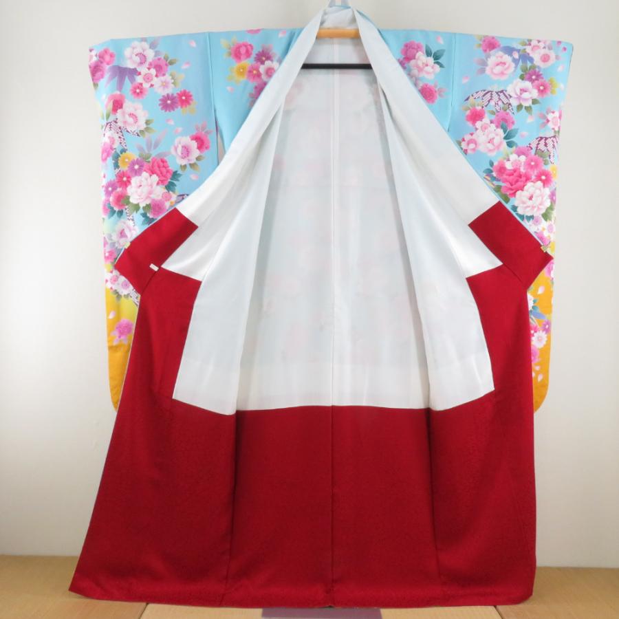振袖 正絹 3点セット【着物 長襦袢 袋帯】銀通し アクアブルー 牡丹に桜文様 仕立て上がり 成人式 身丈159cm 振袖 正絹 3点セット【着物 長襦袢 袋帯】銀通し アクアブルー 牡丹に