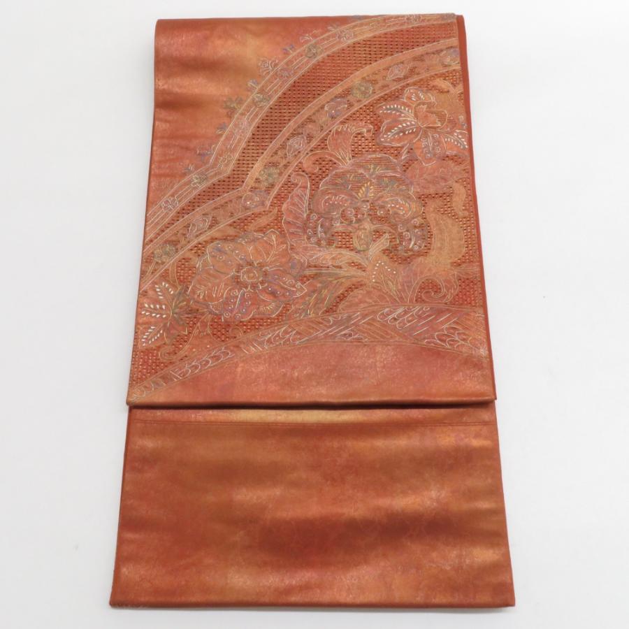 袋帯 スワトウ 刺繍 茶色 金糸 花に吉祥模様 お太鼓柄 正絹 仕立て上がり 長さ440cm 【キモノオフ野々市若松店】 袋帯 スワトウ 刺繍 茶色 金糸 花に吉祥模様 お太鼓柄 正絹 仕立て