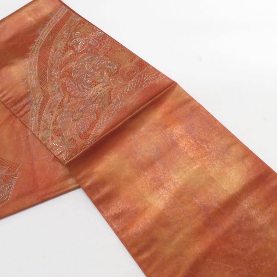 袋帯 蘇州刺繍 スワトウ刺繍 花唐草文様 正絹 茶色 お太鼓柄