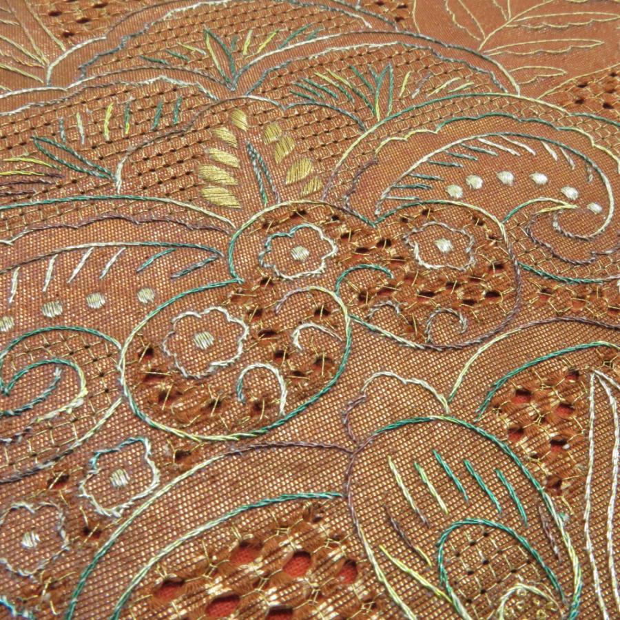 袋帯 蘇州刺繍 スワトウ刺繍 花唐草文様 正絹 茶色 お太鼓柄
