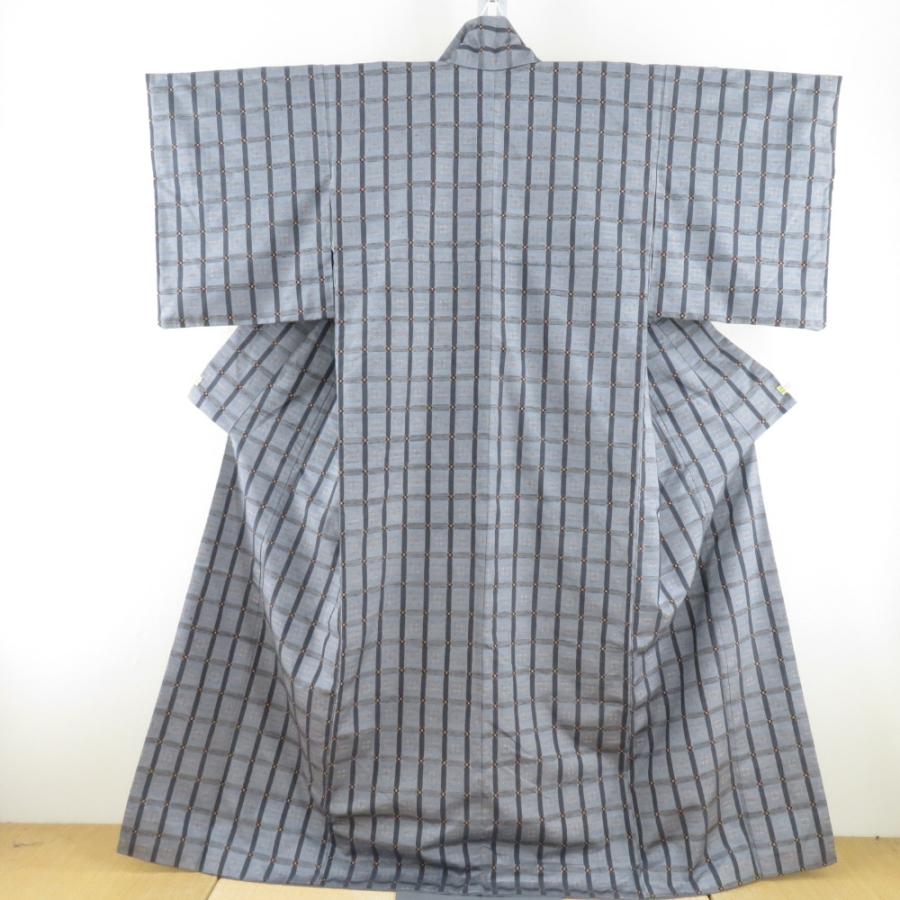 紬 着物 袷 グレー格子 