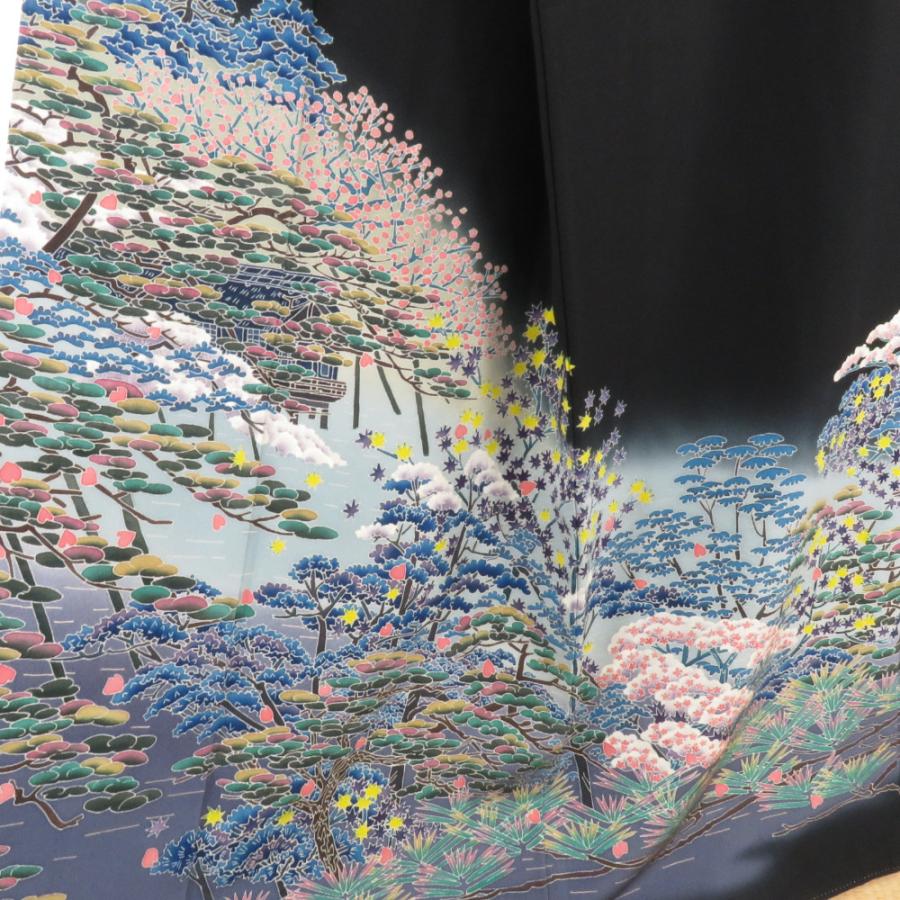 本加賀友禅 黒留袖 杉浦伸 流水に枝花文様 正絹 袷 広衿 比翼付 落款入