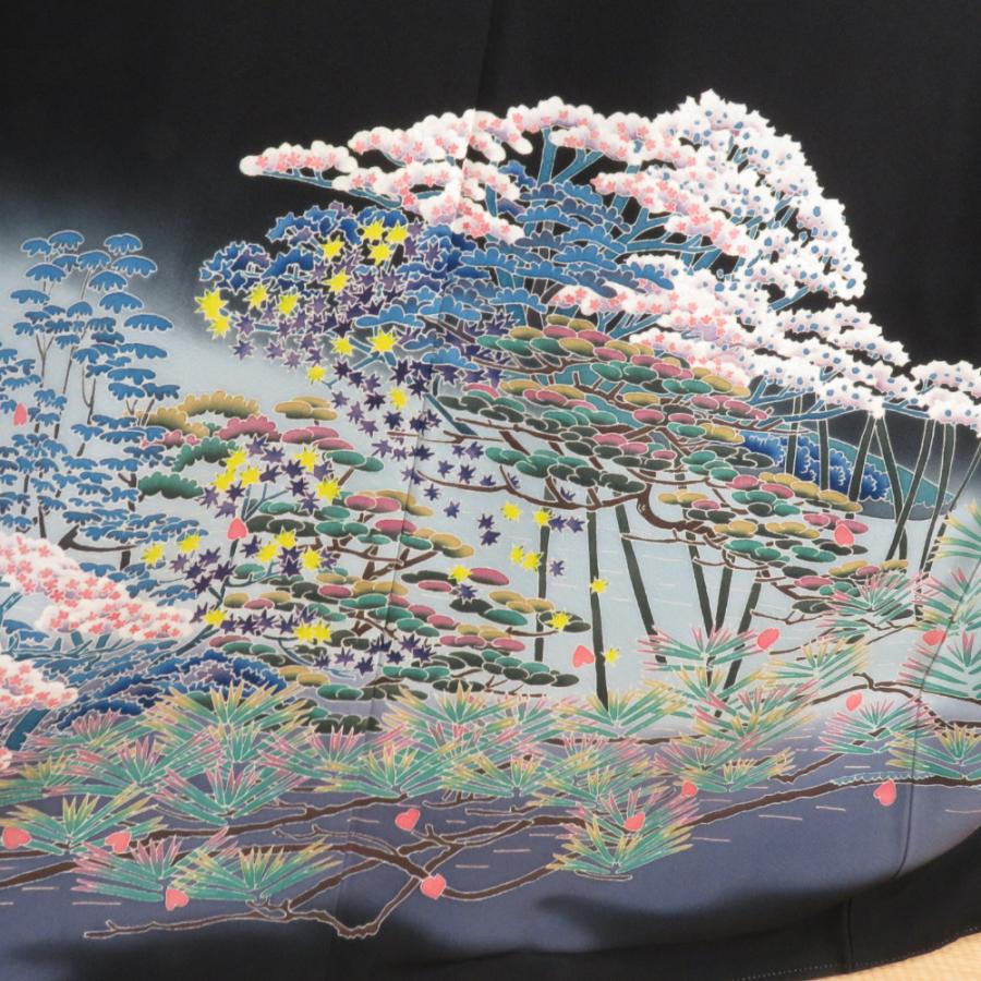 本加賀友禅 黒留袖 杉浦伸 流水に枝花文様 正絹 袷 広衿 比翼付 落款入