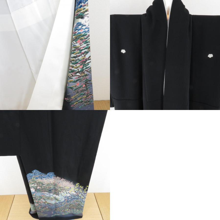 本加賀友禅 黒留袖 杉浦伸 流水に枝花文様 正絹 袷 広衿 比翼付 落款入