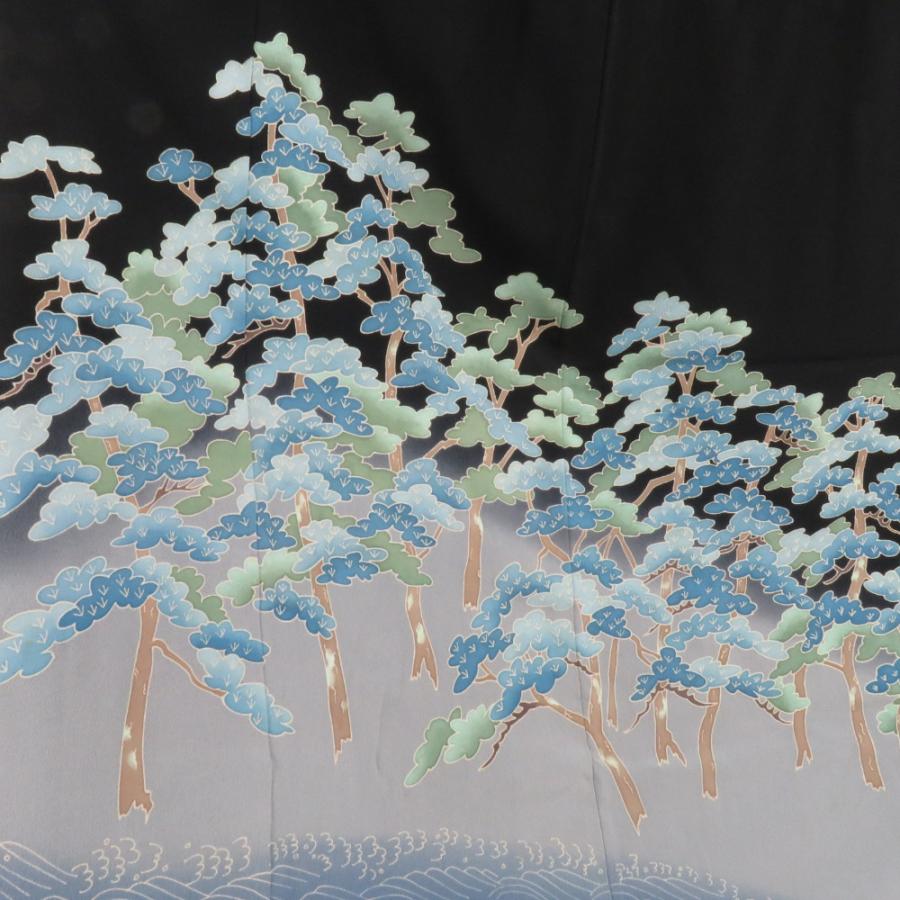 本加賀友禅 黒留袖 相河達博 海辺に松文様 正絹 袷 広衿 比翼付 落款入