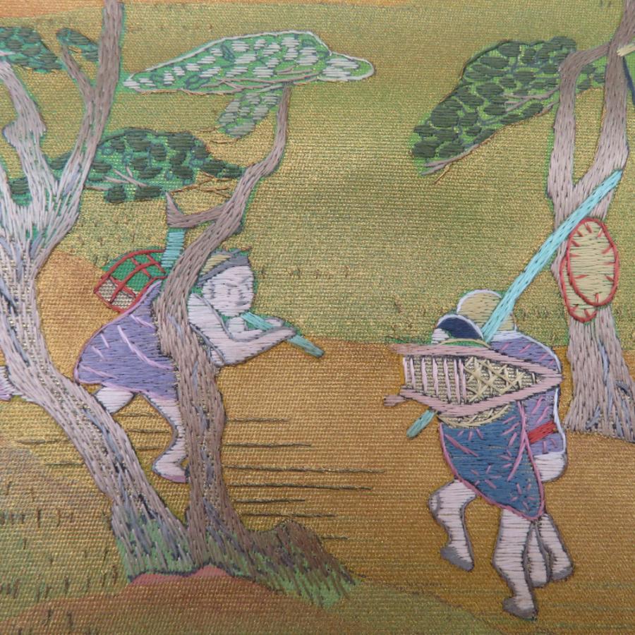 袋帯 蘇州刺繍 東海道五十三次 正絹 金地 銀糸金糸 フォーマル お太鼓