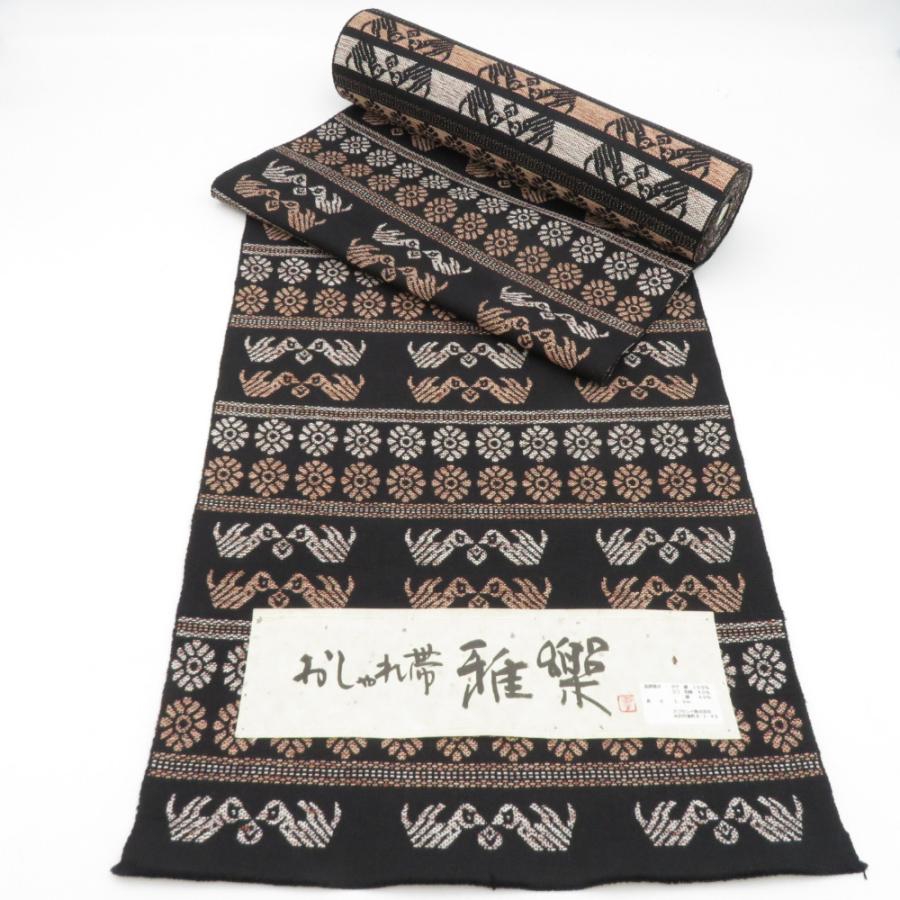 丸帯 アンティーク 絹 風景に文箱文様 金糸 薄茶色x茶色xゴールド 全 
