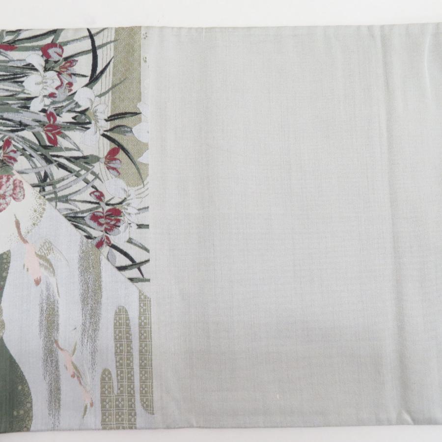 袋帯 花に鳥模様 正絹 洒落袋帯 紹巴織り ベージュ色xピンク色 六通柄