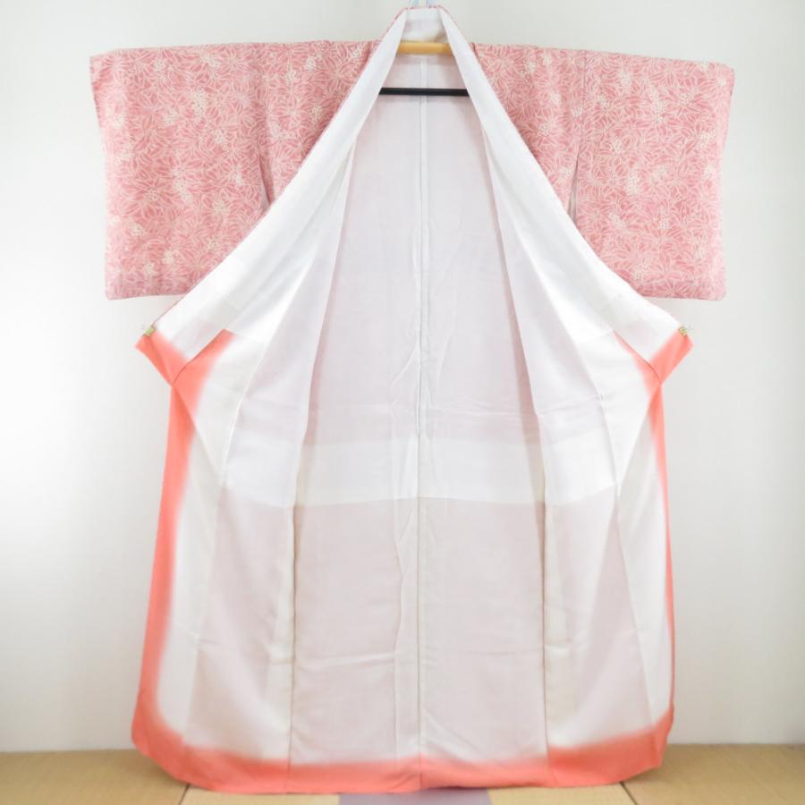 小紋 縮緬 萩の花文様 袷 広衿 桃色 正絹 仕立て上がり カジュアル着物