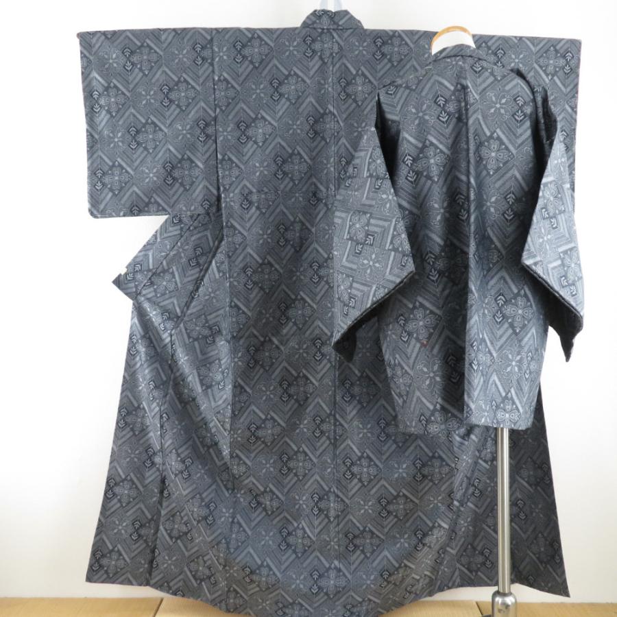 ウール着物 アンサンブル 羽織セット 花菱柄 単衣胴抜き 黒色 灰色