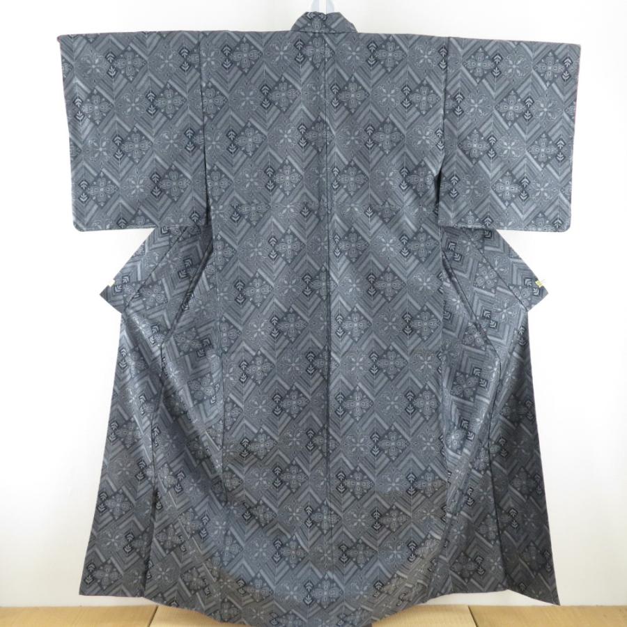 ウール着物 アンサンブル 羽織セット 花菱柄 単衣胴抜き 黒色 灰色