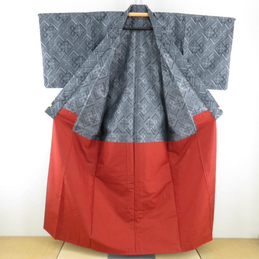 ウール着物 アンサンブル 羽織セット 花菱柄 単衣胴抜き 黒色 灰色