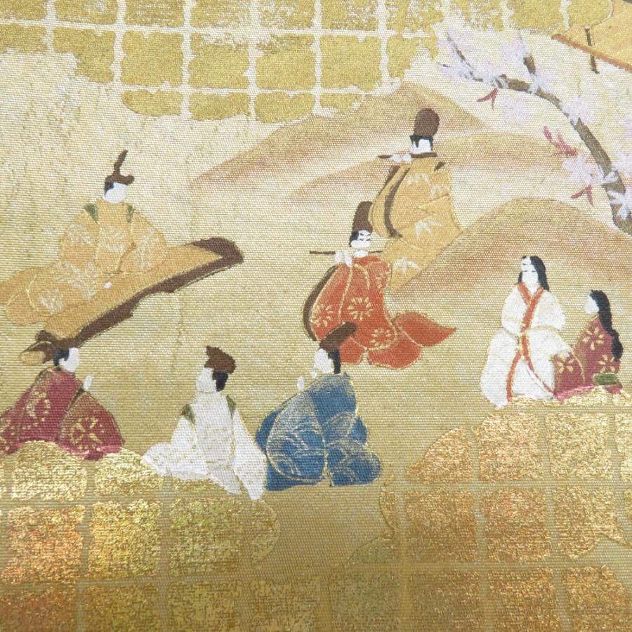 袋帯 平安絵巻文様 金糸 箔入り 金色x多色 六通柄 お太鼓柄 袋帯 平安絵巻文様 金糸 箔入り 金色x多色 六通柄 お太鼓柄