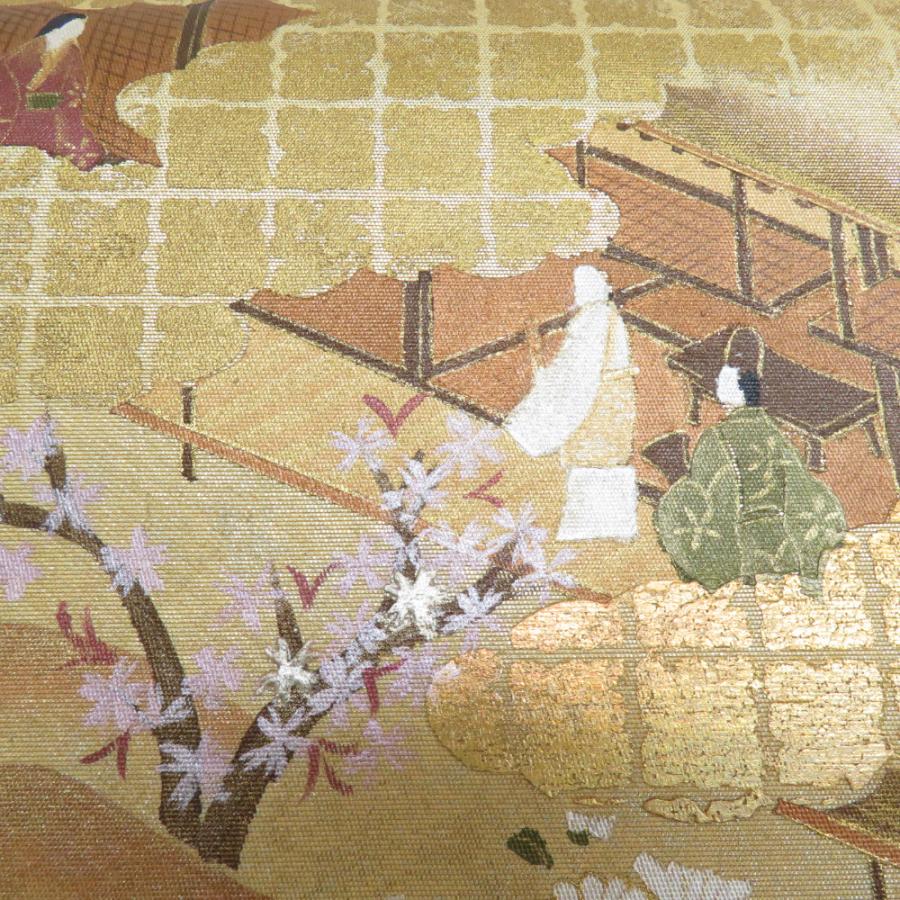 袋帯 平安絵巻文様 金糸 箔入り 金色x多色 六通柄 お太鼓柄 袋帯 平安絵巻文様 金糸 箔入り 金色x多色 六通柄 お太鼓柄