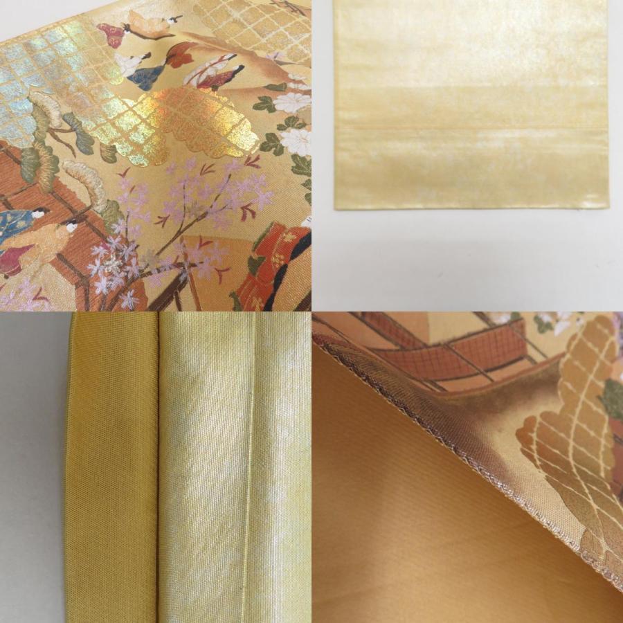 袋帯 平安絵巻文様 金糸 箔入り 金色x多色 六通柄 お太鼓柄 袋帯 平安絵巻文様 金糸 箔入り 金色x多色 六通柄 お太鼓柄