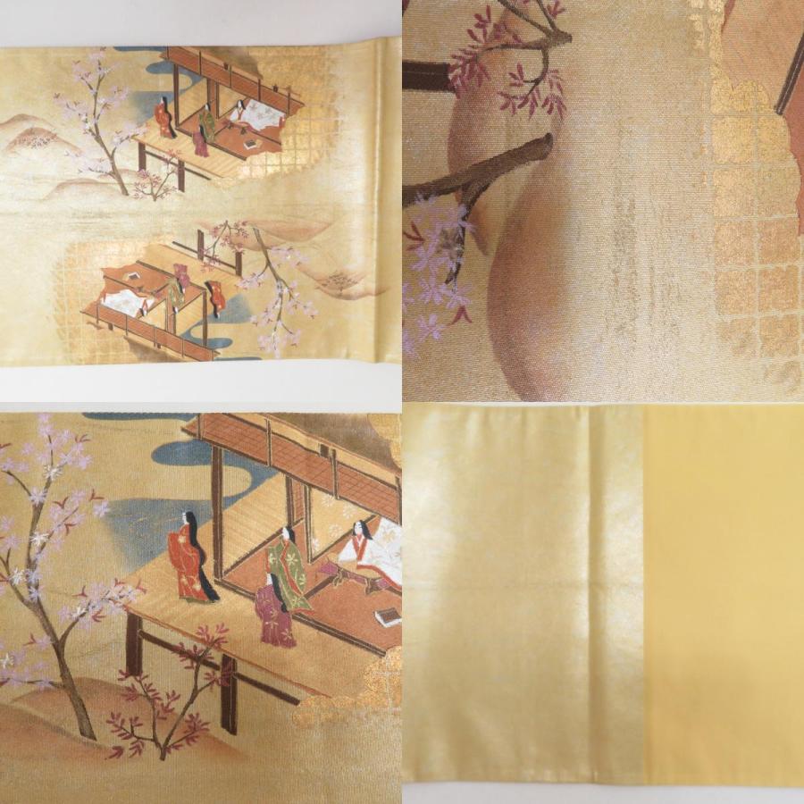 袋帯 平安絵巻文様 金糸 箔入り 金色x多色 六通柄 お太鼓柄 袋帯 平安絵巻文様 金糸 箔入り 金色x多色 六通柄 お太鼓柄