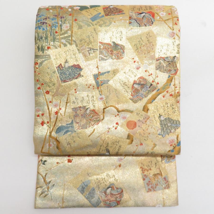 袋帯 カルタｘ四季花々ｘ波文様 金糸銀糸 ゴールドｘ多色 正絹 フォーマル 仕立て上がり 着物帯 長さ440cm 【キモノオフ野々市若松店】 袋帯 カルタx四季花々x波文様 金糸銀糸 ゴールドx多色 正絹