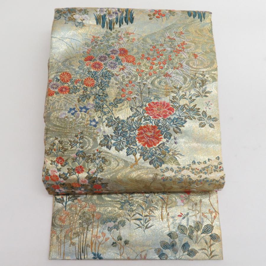 袋帯 カルタx四季花々x波文様 金糸銀糸 ゴールドx多色 正絹