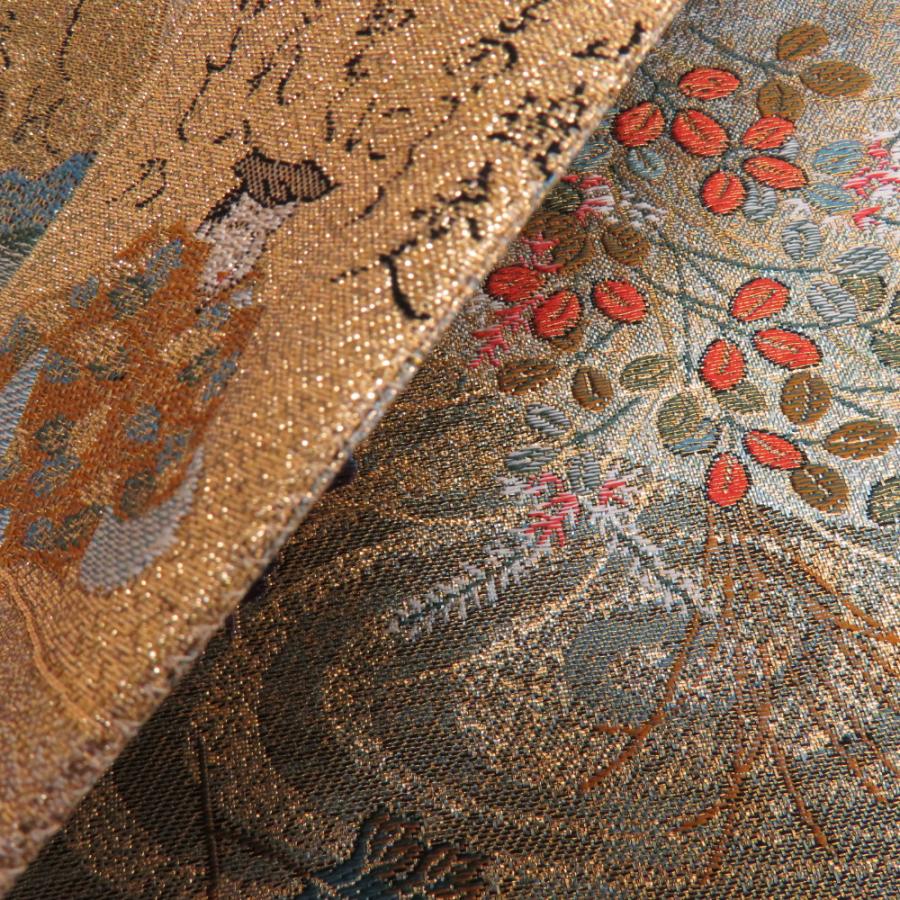 袋帯 カルタx四季花々x波文様 金糸銀糸 ゴールドx多色 正絹