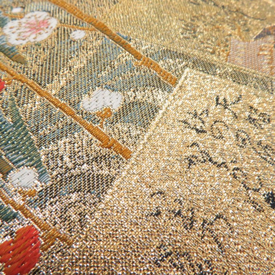 袋帯 カルタx四季花々x波文様 金糸銀糸 ゴールドx多色 正絹