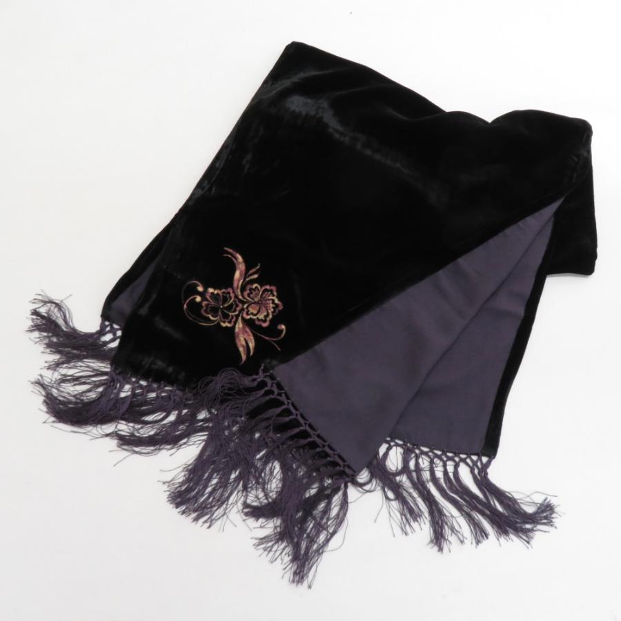ショール ベルベットショール 黒x紫 刺繍入り  長さ170cm 【キモノオフ野々市若松店】 ショール ベルベットショール 黒x紫 刺繍入り 長さ170cm : ココロード