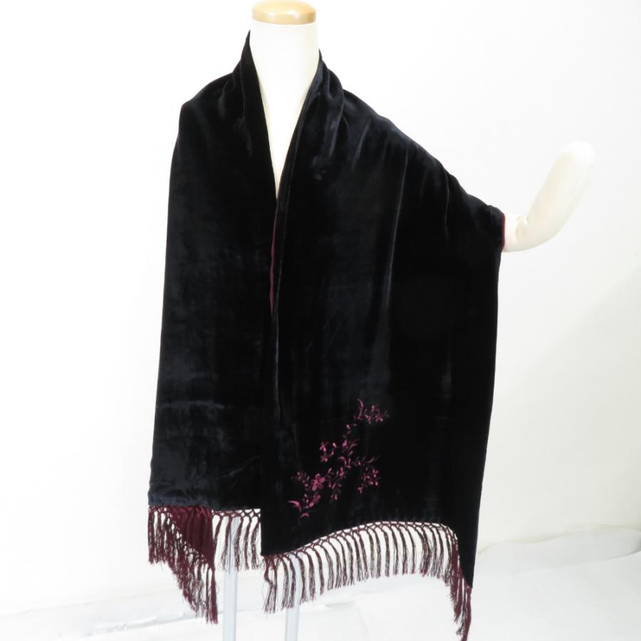 ショール ベルベットショール 黒x小豆色 刺繍入り  長さ　170cm 【キモノオフ野々市若松店】 ショール ベルベットショール 黒x小豆色 刺繍入り 長さ 170cm : ココ