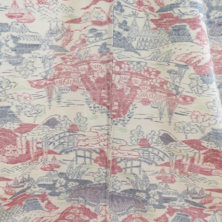 紬 着物 単衣 世界地図模様 ベージュ色x黄色xオレンジ色 正絹 バチ